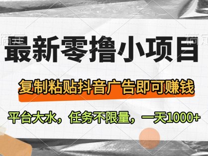 最新零撸小项目,复制粘贴抖音广告即可赚钱,平台大水,任务不限量,一天1000+