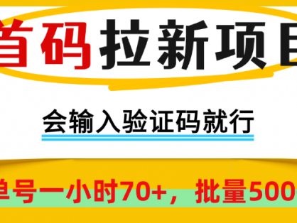 首码拉新项目，会输入验证码就行，绿色正规，单号一小时70+，批量500+